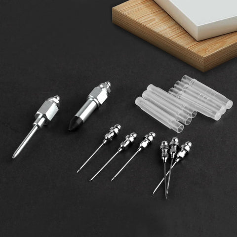 Grease gun needle set, front view, 8-piece: six steel needles, one dispenser needle, one nipple adapter, with clear caps