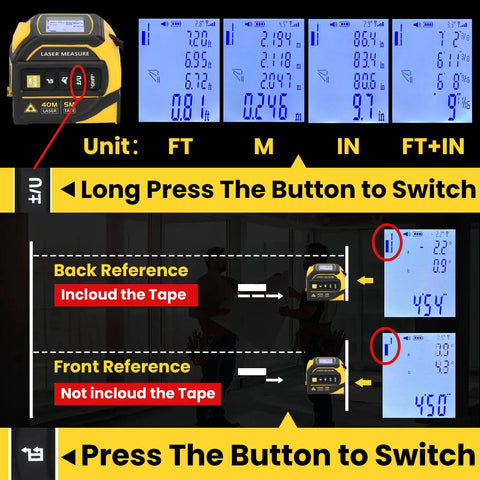 4 In 1 Laser Tape Measure With Level And Crosshairs, 130 Ft Laser Range And 16 Ft AutoLock Tape, Large LCD Display, Measures Area, Volume, Pythagorean And Cosine With Crosshair Precision For Quick DIY And Home Projects, unit switch display