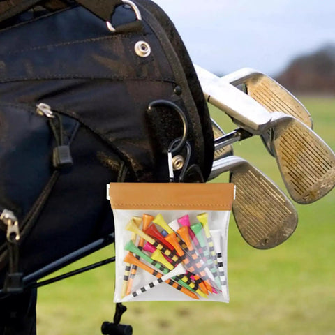Lightweight Golf Tees Pouch With Clip Ball Bag Tee Holder Clear Storage Organizer on golf bag near clubs