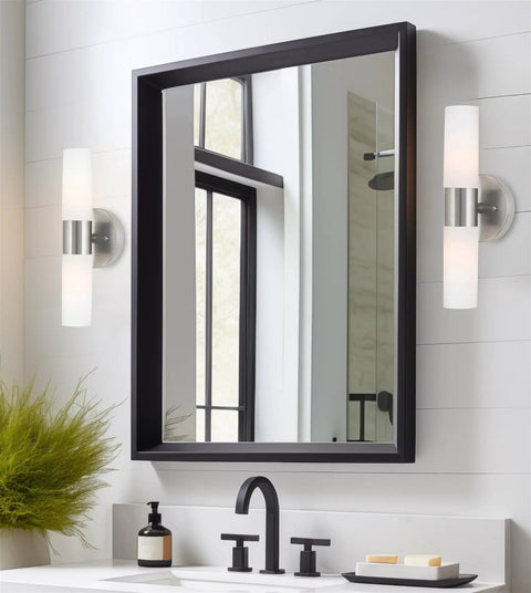 Modern 14 Inch Two Light Wall Sconce In Brushed Nickel Finish With Frosted Glass Cylinder Shades beside bathroom mirror