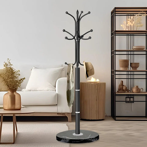 Marble Base Coat Rack With 12 Hooks, Freestanding Metal Coat Tree Stand, Black Finish, Natural Marble Base in Modern Living Room