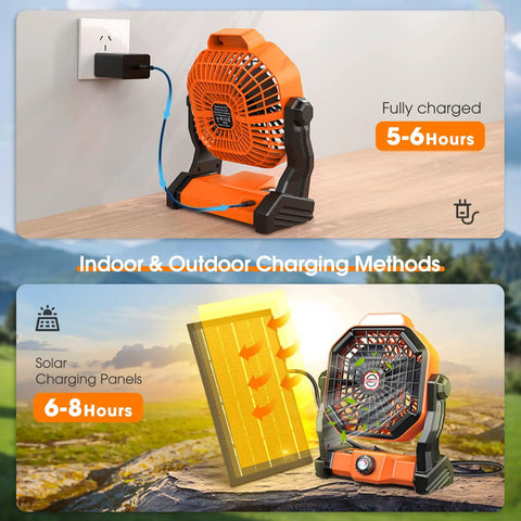 Rechargeable Solar Camping Fan With Led Lantern, 8-Inch Portable Outdoor Fan charging indoors and outdoors