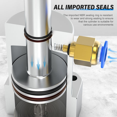 Close-up of Workhorse Pneumatic Rotary Clamping Cylinder With 90 Degree Turn, 20mm Bore, Aluminum Body showcasing imported seals