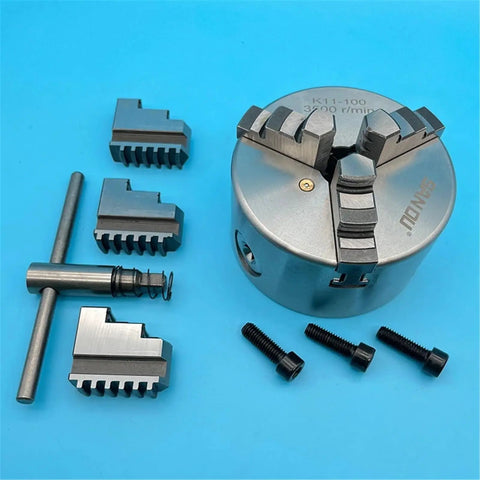 Solid K11-100 Mini 100MM Lathe Chuck With Three Self Centering Jaws For Metalworking Projects, heavy duty design with jaws and bolts.