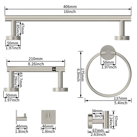 Dimensions of Six Piece No Fuss Bathroom Hardware Set With 16 Inch Towel Bar, Toilet Paper Holder, Towel Ring in brushed stainless steel