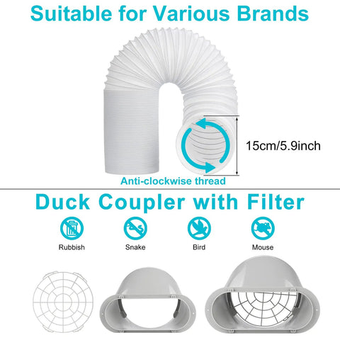 Image showing a 5.9 inch hose with anti-clockwise thread and duck coupler with filter from Portable AC Window Vent Kit With 5.9 Inch Exhaust Hose And Coupler Universal Window Seal For Portable Air Conditioners Adjustable Duct Kit For Sliding Or Vertical Windows No Fuss Install Leak Proof Exhaust Solution.