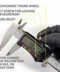 Handy Digital Caliper 6 Inch Range With Extra Large LCD Display, Three Measurement Modes Decimal Inches Fractional Inches And Millimeters, Stainless Steel Precision Tool, Auto Power Off, Heavy Duty Ruler For Easy Accurate Readings showing thumb wheel, lock screw, and zero reset