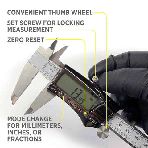Handy Digital Caliper 6 Inch Range With Extra Large LCD Display, Three Measurement Modes Decimal Inches Fractional Inches And Millimeters, Stainless Steel Precision Tool, Auto Power Off, Heavy Duty Ruler For Easy Accurate Readings showing thumb wheel, lock screw, and zero reset