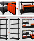Beefy Heavy Duty Metal 5 Tier Storage Shelves With Adjustable Heights 1650Lb Capacity 330Lb Per Shelf Organizer, split setup view.