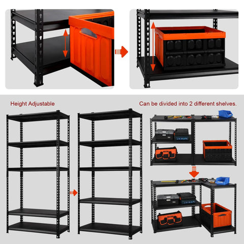 Beefy Heavy Duty Metal 5 Tier Storage Shelves With Adjustable Heights 1650Lb Capacity 330Lb Per Shelf Organizer, split setup view.