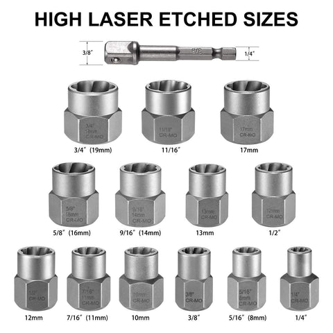 Bolt Extractor Kit For Damaged Rusted Stripped Fasteners with high laser etched sizes, Thirteen Plus One Nut Extractor Socket Set