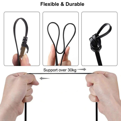 Hands demonstrating flexibility of Cat8 Ethernet Cable 5 Ft Flat 5 Pack Multi Color High Speed 40Gbps 2000MHz RJ45