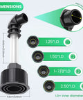 Universal Ac Drain Line Unclogger Tool And Hvac Pipe Cleaner Adapter dimensions showing sizes compatible with wet vacuum hose