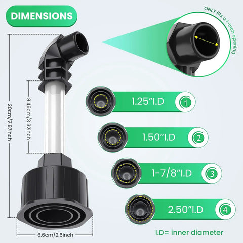 Universal Ac Drain Line Unclogger Tool And Hvac Pipe Cleaner Adapter dimensions showing sizes compatible with wet vacuum hose