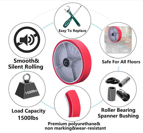 Heavy Duty Polyurethane Caster Wheels Set Of 4 Eight Inches By Two Inches With 6000 Pound Load Capacity Galvanized Yoke For Toolboxes And Trailers Built Tough As Nails And Rolls Smooth and 1500 lbs load capacity.