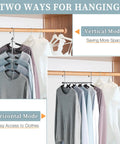 Space Saving 5 Layer Non Slip Shirt Hangers Kit For Closet Organization displaying vertical and horizontal use.