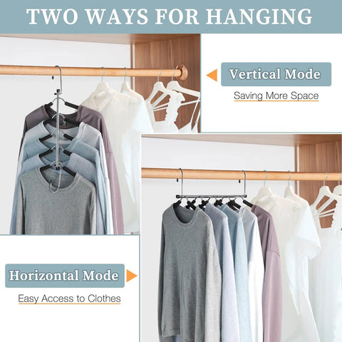 Space Saving 5 Layer Non Slip Shirt Hangers Kit For Closet Organization displaying vertical and horizontal use.