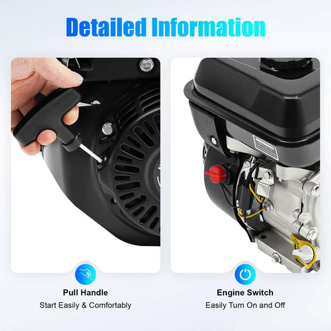 Close-up of Powerful 7.5HP 212CC Gas Engine with Electric Start showing pull handle and engine switch for smooth 3600 RPM