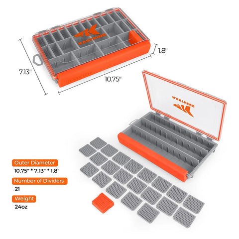 HyperSeal Waterproof Tackle Box With Removable Dividers For 3600 And 3700 Trays showing dimensions and included dividers.