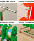 Turntable Cable Roller Stand With Wheels For Easy Wire Management And Spool Storage close-up features including handle, spool design, cord storage, and foot pad.