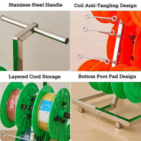Turntable Cable Roller Stand With Wheels For Easy Wire Management And Spool Storage close-up features including handle, spool design, cord storage, and foot pad.