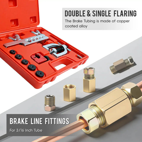 25 Foot Copper Coated Brake Line Kit With 16 Fittings And 4 Unions Tube Bender And Double And Single Flaring Tool Kit shown