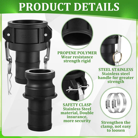 2 Pack Cam Lock Fittings Type C And E 2 Inch Cam And Groove Hose Fitting Kit With 2 Inch Female Coupling 2 Inch Male Adapter Gasket And Hose Clamps For Heavy Duty Industrial Use, polypropylene