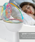 Elongated Toilet Seat for Bathroom with a colorful design, featuring quiet closing mechanism and adjustable hinges.