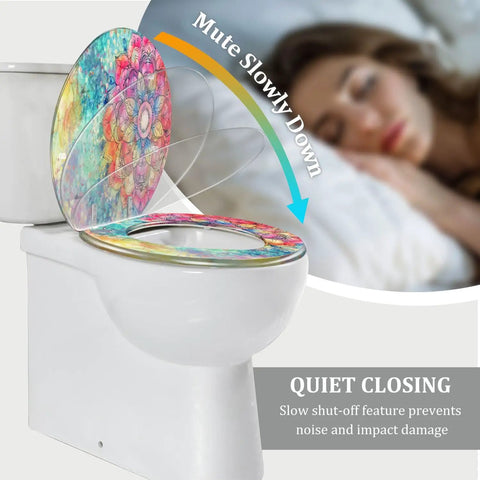 Elongated Toilet Seat for Bathroom with a colorful design, featuring quiet closing mechanism and adjustable hinges.