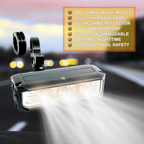 Ultra Bright Rechargeable Bike LED Front Light For Night Riding With 900LM Multiple Beam Modes Rugged Tubular Handlebar Bracket Long Battery Life Fits Bicycle Ebike Scooter Minibike