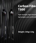 Close-up of carbon fiber T800 front fork for fixed gear 700C road bikes with text details highlighting weight and material.