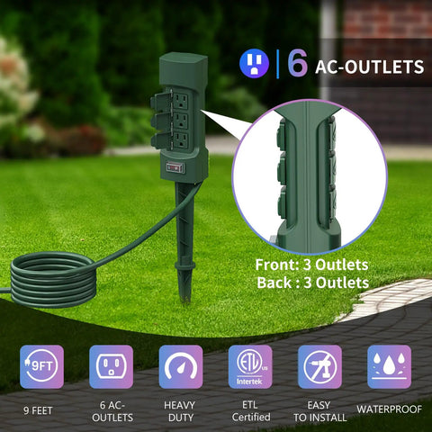 Outdoor Power Stake With Six Outlets, 9 Ft Extension Cord, Dual Sided Weatherproof Power Strip With Flip Covers in garden