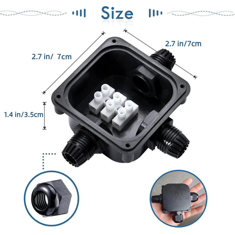 Outdoor IP66 Waterproof Junction Box Kit Of 4 With 3 Way Cable Connectors For 6mm To 10.2mm Cables with size dimensions shown