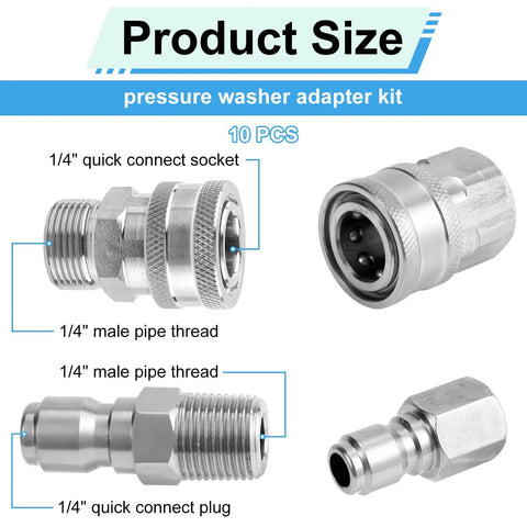 Pressure washer quick-connect adapters set, 10 pcs, stainless steel 1/4 in with male and female threads (front view)
Pressure washer quick-connect adapters, stainless steel 1/4 in socket and male pipe-thread (side view)
Pressure washer quick-connect plug, stainless steel 1/4 in, close-up view