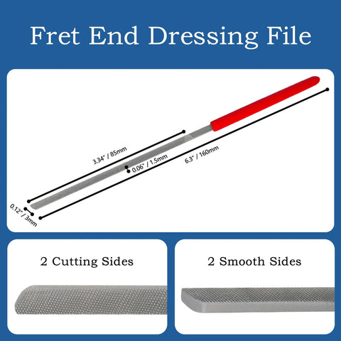Fret End Dressing File from All In One Luthier Tool Kit For Guitar Setup And Fret Work with dimensions and red handle.