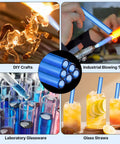 Blue Borosilicate Glass Tubes Set Of 20 For Art DIY Projects featuring various uses like crafting, lab, and glass straws.