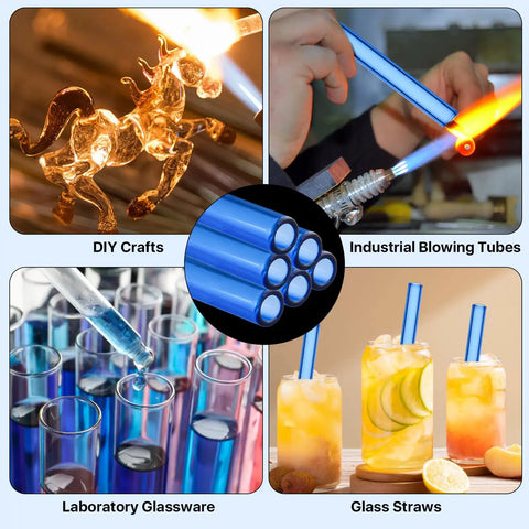 Blue Borosilicate Glass Tubes Set Of 20 For Art DIY Projects featuring various uses like crafting, lab, and glass straws.