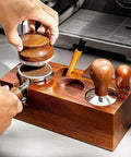 Kickass Espresso Organizer And Height Adjustable Tamping Station For 51mm 54mm And 58mm Portafilters Solid Wood Coffee Counter in use.