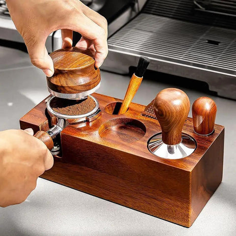 Kickass Espresso Organizer And Height Adjustable Tamping Station For 51mm 54mm And 58mm Portafilters Solid Wood Coffee Counter in use.