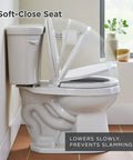Round Bathroom Toilet Seat Built From Heavy Duty Plastic With Smooth Operator Soft Close Hinges And Nonslip Bumpers Delivering A No Slap Performance That Seals The Deal On Comfort And Style Daily, positioned beside a tank.