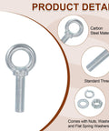 Five Pack M16 Galvanized Carbon Steel Eye Bolts With Nuts And Washers Five Eighth Inch By Two Point Three Six Inch Heavy Duty Screw Eye Lifting Rings For Tie Downs Indoors Outdoors Silver, carbon steel and thread detail