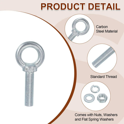 Five Pack M16 Galvanized Carbon Steel Eye Bolts With Nuts And Washers Five Eighth Inch By Two Point Three Six Inch Heavy Duty Screw Eye Lifting Rings For Tie Downs Indoors Outdoors Silver, carbon steel and thread detail
