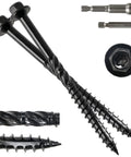 Built Tough Heavy Duty Wood Structural Screws That Kick Some Butt On Outdoor Decks And Fences With Rust Resistant Alloy Steel Construction Handling ACQ Treated Lumber Without Any Hassle At All, showcasing black screws with hex heads and twisted shanks.