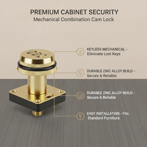 Three Digit Mechanical Cam Lock For Drawers And Cabinets 1 Pack Gold Zinc Alloy Security Lock in packaging with instructions visible