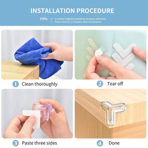 Installation steps for 8 Pack Baby Corner Protectors With Soft Silicone For Furniture And Glass Countertops Clear Corner Guards