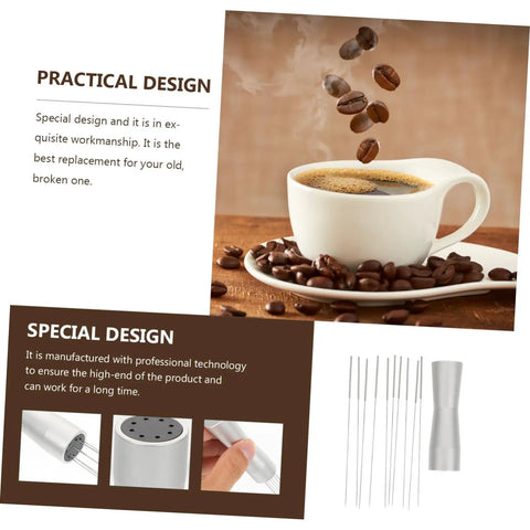 Stainless Steel Coffee Stirrer Tool Replacement Needle For Espresso Maker, Powder Whisk shown with coffee cup and beans.