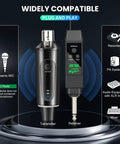 Two Transmitters 2.4G Wireless Microphone System with Receiver and Volume Control, displayed with compatibility options.