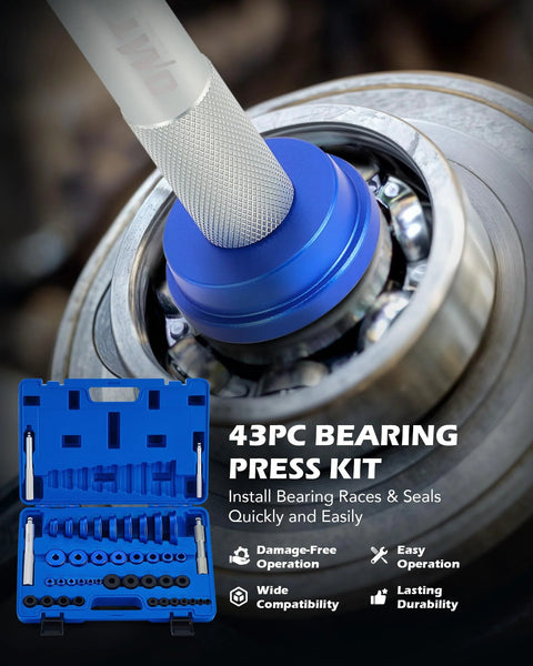 Close-up of Bearing Race And Seal Driver Kit 43-Piece Set with 23 Metric And 16 SAE Adapters in use on automotive bearing