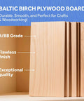 Front view of Baltic birch plywood boards in light natural finish, B/BB grade, stacked with varying thicknesses
