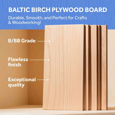 Front view of Baltic birch plywood boards in light natural finish, B/BB grade, stacked with varying thicknesses